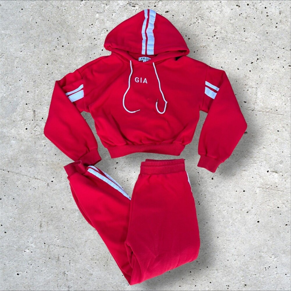 I.AM.GIA Tracksuit Set Womens M Red Cropped Hoodie Sweatpants Striped Loungewear